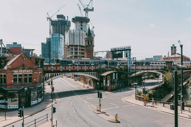 An image of another downtown area with a train.